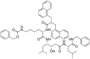 (4S,8S,9S,12S)-12-[2-(1-ナフチルメチル)-3-(1-ナフチル)プロピオニルアミノ]-3,6,11-トリオキソ-4,9-ジイソブチル-8-ヒドロキシ-1-フェニル-2,5,10,17-テトラアザオクタデカン-18-酸ベンジル 化学構造式