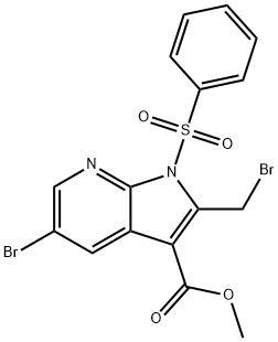 1H-Pyrrolo[2,3-b]pyridine-3-carboxylic acid, 5-broMo-2-(broMoMethyl)-1-(phenylsulfonyl)-, Methyl ester Struktur