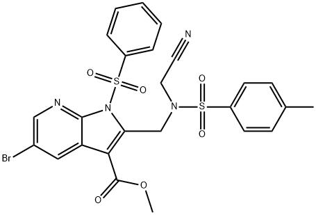 1H-Pyrrolo[2,3-b]pyridine-3-carboxylic acid, 5-broMo-2-[[(cyanoMethyl)[(4-Methylphenyl)sulfonyl]aMino]Methyl]-1-(phenylsulfonyl)-, Methyl ester Structure