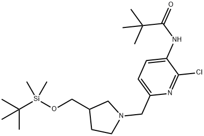 N-(6-((3-((tert-Butyldimethylsilyloxy)methyl)pyrro lidin-1-yl)methyl)-2-chloropyridin-3-yl)pivalamid Struktur