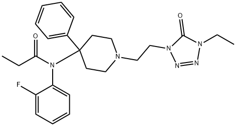 N-(2-フルオロフェニル)-N-[1-[2-[(4-エチル-5-オキソ-1,4-ジヒドロ-5H-テトラゾール)-1-イル]エチル]-4-フェニルピペリジン-4-イル]プロパンアミド 化学構造式