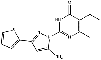 2-[5-Amino-3-(2-thienyl)-1H-pyrazol-1-yl]-5-ethyl-6-methylpyrimidin-4(3H)-one Struktur