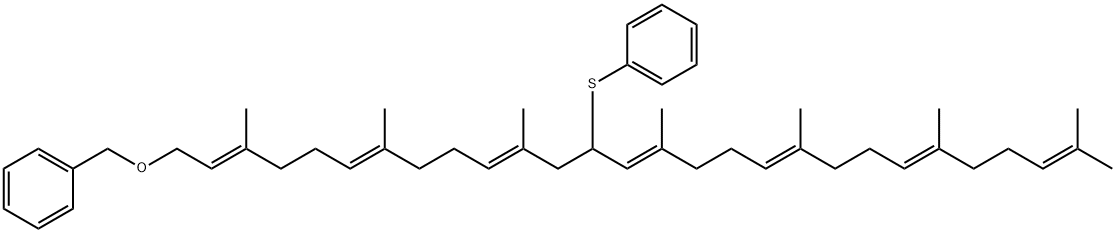 [[[(2E,6E,10E,14E,18E,22E)-3,7,11,15,19,23,27-HeptaMethyl-13-(phenylthio)-2,6,10,14,18,22,26-octacosaheptaen-1-yl]oxy]Methyl]-benzene Structure