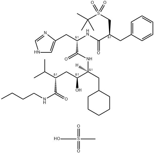 (2S,4S,5S)-N-ブチル-2-イソプロピル-4-ヒドロキシ-5-[[(S)-3-(1H-イミダゾール-5-イル)-2-[[(R)-3-(tert-ブチルスルホニル)-2-ベンジルプロピオニル]アミノ]プロピオニル]アミノ]シクロヘキサンヘキサンアミド 化学構造式