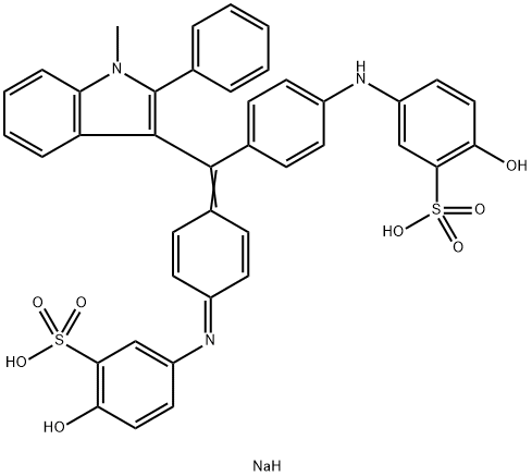 sodium hydrogen -2-hydroxy-5-[[4-[[4-[(4-hydroxy-3-sulphonatophenyl)amino]phenyl](1-methyl-2-phenyl-1H-indol-3-yl)methylene]-2,5-cyclohexadien-1-ylidene]amino]benzenesulphonate Struktur