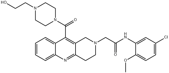 N-(5-クロロ-2-メトキシフェニル)-2-(10-(4-(2-ヒドロキシエチル)ピペラジン-1-カルボニル)-3,4-ジヒドロベンゾ[B][1,6]ナフチリジン-2(1H)-イル)アセトアミド 化学構造式