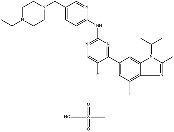 1231930-82-7 メタンスルホン酸N-[5-[(4-エチル-1-ピペラジニル)メチル]-2-ピリジニル]-5-フルオロ-4-[4-フルオロ-2-メチル-1-(1-メチルエチル)-1H-ベンズイミダゾール-6-イル]-2-ピリミジンアミン