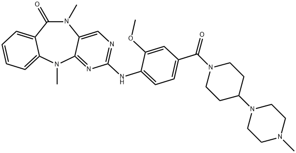 7-[[2-メトキシ-4-[[4-(4-メチル-1-ピペラジニル)ピペリジノ]カルボニル]フェニル]アミノ]-5,10-ジメチル-5,6,8,10-テトラアザ-5H-ジベンゾ[a,d]シクロヘプテン-11(10H)-オン 化学構造式