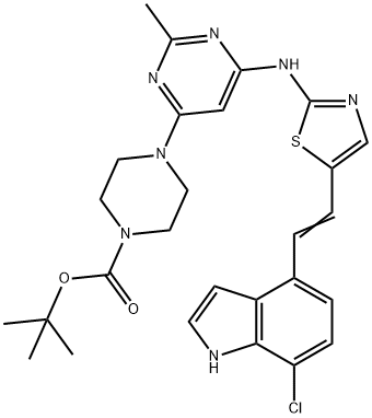 1-Piperazinecarboxylic acid, 4-[6-[[5-[2-(7-chloro-1H-indol-4-yl)ethenyl]-2-thiazolyl]aMino]-2-Methyl-4-pyriMidinyl]-, 1,1-diMethylethyl ester,1245652-85-0,结构式