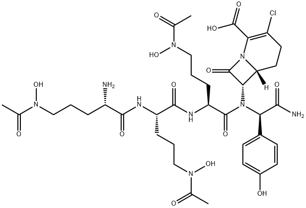 7-((N(5)acetyl-N(5)-hydroxyornithyl-N(5)acetyl-N(5)hydroxyornithyl-N(5)-acetyl-N(5)-hydroxyornithyl-4-hydroxyphenylglycyl)amino)-3-chloro-1-carba-3-cephem-4-carboxylic acid,124620-50-4,结构式