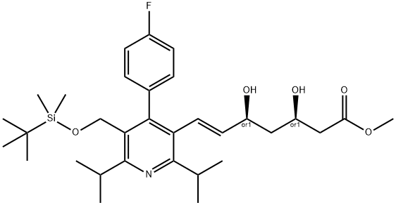 Methyl rel-(E)-7-[5-tert-Butyldimethylsilyloxymethyl-2,6-diisopropyl-4-
(4-fluorophenyl)-pyrid-3-yl]-3,5-dihydroxy-6-heptenoate 结构式