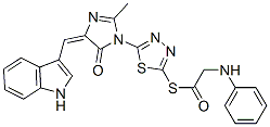 (5E)-3-[5-(2-anilinoacetyl)sulfanyl-1,3,4-thiadiazol-2-yl]-5-(1H-indol -3-ylmethylidene)-2-methyl-imidazol-4-one 化学構造式