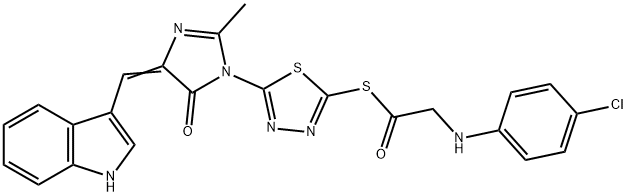 (5E)-3-[5-[2-[(4-chlorophenyl)amino]acetyl]sulfanyl-1,3,4-thiadiazol-2 -yl]-5-(1H-indol-3-ylmethylidene)-2-methyl-imidazol-4-one 化学構造式