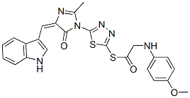 (5E)-5-(1H-indol-3-ylmethylidene)-3-[5-[2-[(4-methoxyphenyl)amino]acet yl]sulfanyl-1,3,4-thiadiazol-2-yl]-2-methyl-imidazol-4-one,127227-42-3,结构式