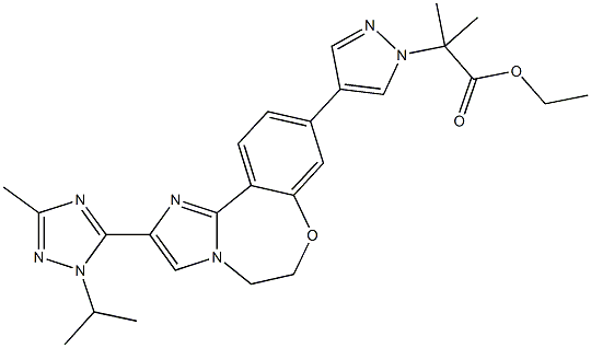 2-(4-(2-(1-イソプロピル-3-メチル-1H-1,2,4-トリアゾール-5-イル)-5,6-ジヒドロベンゾ[F]イミダゾ[1,2-D][1,4]オキソアゼピン-9-イル)-1H-ピラゾール-1-イル)-2-メチルプロパン酸エチル 化学構造式