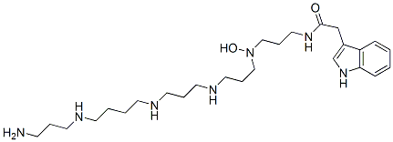 N-(20-アミノ-4-ヒドロキシ-4,8,12,17-テトラアザイコサン-1-イル)-1H-インドール-3-アセトアミド 化学構造式