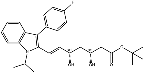 フルバスタチン関連化合物B ([R*,S*-E]-(+/-)-7-[3-(4-FLUOROPHENYL)-1-METHYLETHYL-1H-INDOL-2-YL]-3,5-DIHYDROXY-6-HEPTENOIC ACID 1,1, DIMETHYLETHYL ESTER) 化学構造式