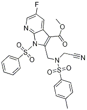 1H-Pyrrolo[2,3-b]pyridine-3-carboxylic acid, 2-[[(cyanoMethyl)[(4-Methylphenyl)sulfonyl]aMino]Methyl]-5-fluoro-1-(phenylsulfonyl)-, Methyl ester 结构式