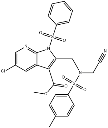 1H-Pyrrolo[2,3-b]pyridine-3-carboxylic acid, 5-chloro-2-[[(cyanoMethyl)[(4-Methylphenyl)sulfonyl]aMino]Methyl]-1-(phenylsulfonyl)-, Methyl ester,1312755-57-9,结构式
