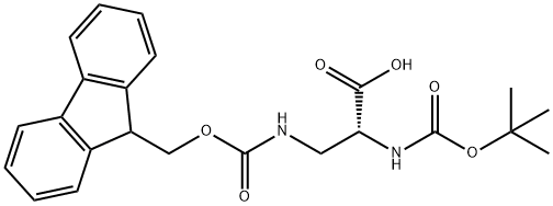 N-(tert-ブトキシカルボニル)-3-(9H-フルオレン-9-イルメトキシカルボニルアミノ)-D-アラニン 化学構造式
