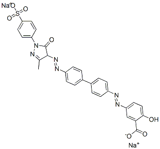 disodium 5-[[4'-[[4,5-dihydro-3-methyl-5-oxo-1-(4-sulphonatophenyl)-1H-pyrazol-4-yl]azo][1,1'-biphenyl]-4-yl]azo]salicylate Struktur