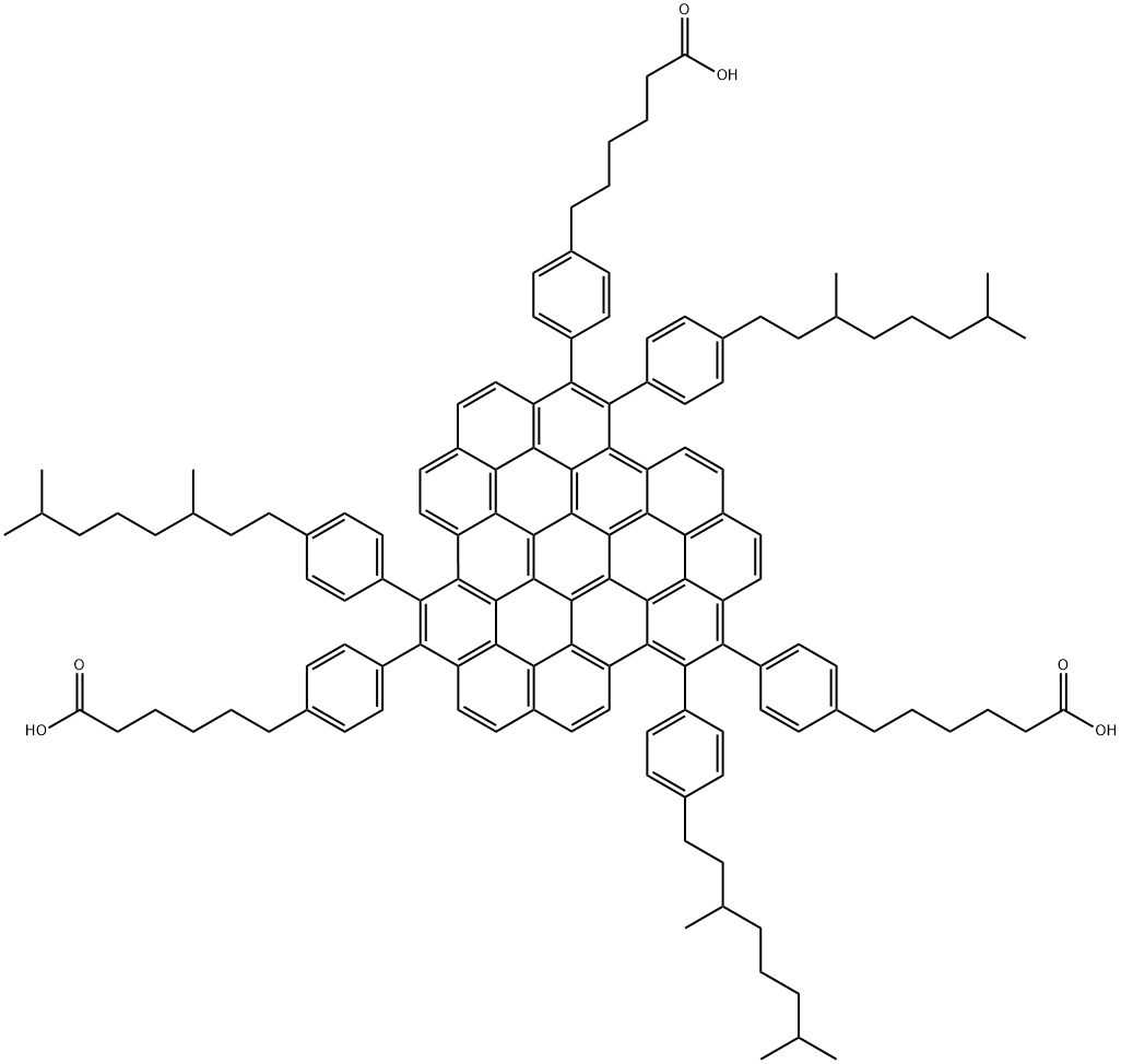 4,4',4''-[2,8,14-Tris[4-(3,7-dimethyloctyl)phenyl]diphenanthro[3,4,5,6-efghi:3',4',5',6'-uvabc]ovalene-1,7,13-triyl]tris-benzenehexanoic Acid Structure