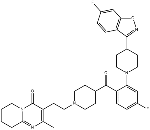 3-[2-[4-[4-フルオロ-2-[4-(6-フルオロ-1,2-ベンズイソオキサゾール-3-イル)ピペリジン-1-イル]ベンゾールイル]ピペリジン-1-イル]エチル-2-メチル-6,7,8,9-テトラヒドロ-4H-ピリド[1,2-A]ピリ 化学構造式