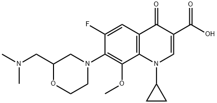 3-Quinolinecarboxylic acid, 1-cyclopropyl-7-[2-[(diMethylaMino)Methyl]-4-Morpholinyl]-6-fluoro-1,4-dihydro-8-Methoxy-4-oxo-,133762-22-8,结构式
