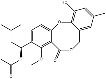 酢酸1-(4-アセチル-11-ヒドロキシ-9-メチル-5-オキソ-5H,7H-ジベンゾ[b,g][1,5]ジオキソシン-3-イル)-3-メチルブチル 化学構造式