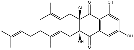 (2R)-2,3-ジヒドロ-3β,6,8-トリヒドロキシ-2α-クロロ-2-(3-メチル-2-ブテニル)-3-(3,7-ジメチル-2,6-オクタジエニル)ナフタレン-1,4-ジオン 化学構造式