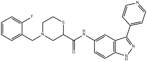 4-[(2-フルオロフェニル)メチル]-N-[3-(4-ピリジニル)-1H-インダゾール-5-イル]-2-チオモルホリンカルボキサミド 化学構造式
