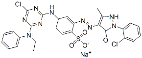 Benzenesulfonic acid, 4-4-chloro-6-(ethylphenylamino)-1,3,5-triazin-2-ylamino-2-1-(2-chlorophenyl)-4,5-dihydro-3-methyl-5-oxo-1H-pyrazol-4-ylazo-, monosodium salt Struktur