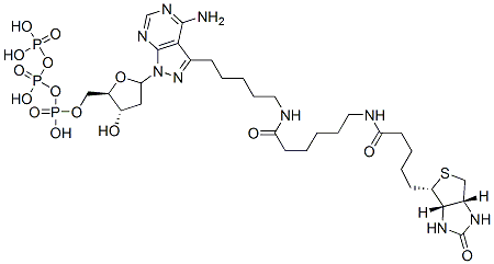 3-(5-((N-biotinyl-6-aminocaproyl)amino)pentyl)-1-(2-deoxyerythropentofuranosyl)-1H-pyrazolo(3,4-d)pyrimidin-4-amine-5'-triphosphate Structure