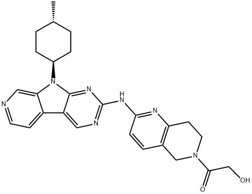 2-ヒドロキシ-1-(2-((9-((1R,4R)-4-メチルシクロヘキシル)-9H-ピリド[4',3':4,5]ピロロ[2,3-D]ピリミジン-2-イル)アミノ)-7,8-ジヒドロ-1,6-ナフチリジン-6(5H)-イル)エタノン 化学構造式