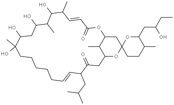 (4E,18E)-3',4',5',6'-Tetrahydro-7,9,11,12-tetrahydroxy-6'-(2-hydroxybutyl)-5',6,8,12,27-pentamethyl-20-(2-methylpropyl)spiro[2,24-dioxabicyclo[21.3.1]heptacosa-4,18-diene-25,2'-[2H]pyran]-3,21-dione,140221-73-4,结构式