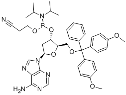 (2R,3S,5R)-5-(6-AMINO-9H-PURIN-9-YL)-2-((BIS(4-METHOXYPHENYL)(PHENYL)METHOXY)METHYL)TETRAHYDROFURAN-3-YL 2-CYANOETHYL DIISOPROPYLPHOSPHORAMIDITE 化学構造式