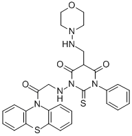 10H-Phenothiazine, 10-(((tetrahydro-5-((4-morpholinylamino)methyl)-4,6 -dioxo-3-phenyl-2-thioxo-1(2H)-pyrimidinyl)amino)acetyl)- 化学構造式