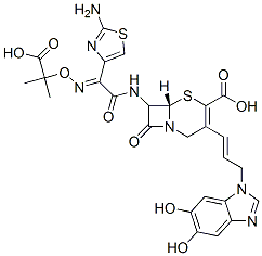 7-(2-(2-aminothiazol-4-yl)-2- (1-carboxy-1-methylethoxyimino)acetamido)-3-(3-(5,6-dihydroxybenzimidazol-1-yl)propen-1-yl)-3-cephem-4-carboxylic acid Structure