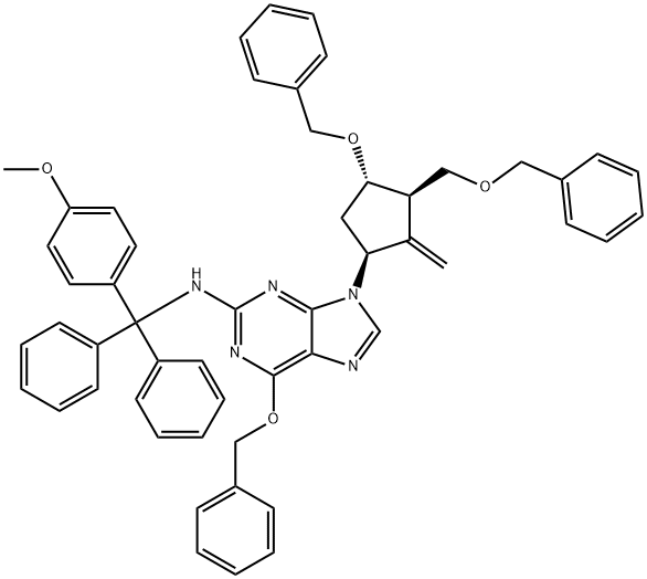 6-(Benzyloxy)-9-((1S,3S)-4-(benzyloxy)-3-((benzyloxy)methyl)-2-methylenecyclopentyl)-N-((4-methoxyphenyl)diphenylmethyl)-9H-purin-2-amine 化学構造式
