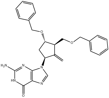 2-Amino-1,9-dihydro-9-[(1S,3R,4S)-4-(benzyloxy)-3-(benzyloxymethyl)-2-methylenecyclopentyl]-6H-purin-6-one 化学構造式