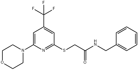 N-Benzyl-2-(6-morpholin-4-yl-4-trifluoromethyl-pyridin-2-ylsulfanyl)-acetamide 化学構造式