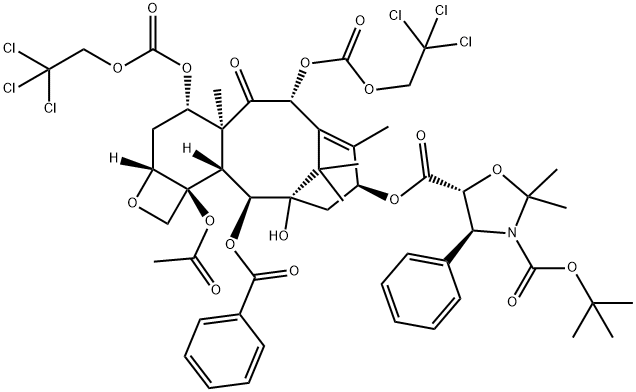 13-{[(3-N-Boc)-2,2-dimethyl-4S-phenyl-1,3-oxazolidin-5R-yl]formyl}-10-deacetyl-7,10-bis{[(2,2,2-trichloroethyl)oxy]carbonyl} Baccatin III Structure