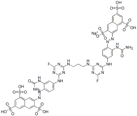 ヘキサナトリウム＝7-［（2（又は4）-（｛6-フルオロ（又はヒドロキシ）-4-［（3-｛［6-フルオロ（又はヒドロキシ）-4（又は2）-｛4-［（3，6，8-トリスルホナト-2-ナフチル）アゾ］-3（又は5）-ウレイドアニリノ｝-1，3，5-トリアジン-2-イル］アミノ｝プロピル）アミノ］-1，3，5-トリアジン-2-イル｝アミノ-4（又は2）-ウレイドフェニル）アゾ］ナフタレン-1，3，6-トリスルホナート（8物質混合物） 化学構造式