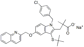 sodium 3-[1-[(4-chlorophenyl)methyl]-5-(quinolin-2-ylmethoxy)-3-tert-butylsulfanyl-indol-2-yl]-2,2-dimethyl-propanoate Struktur
