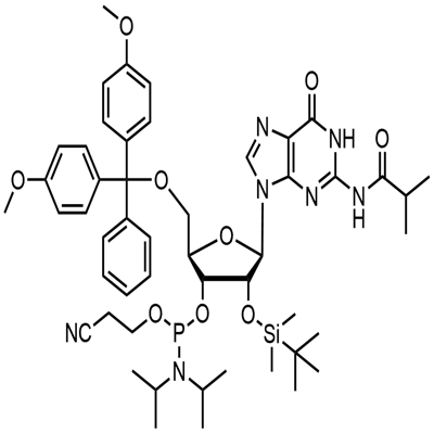 5'-O-(4,4-Dimethoxytrityl)-2'-O-[(tert-butyl)dimethylsilyl]-N-isobutyrylguanosine-3'-(2-cyanoethyl-N,N-diisopropyl)phosphoramidite Structure