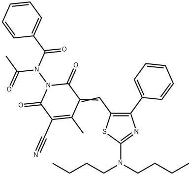 N-acetyl-N-[5-cyano-3-(2-dibutylamino-4-phenylthyazol-5-yl-methylene)-4-methyl-2,6-dioxo-1,2,3,6-tetrahydropyridin-1-yl]benzamide,147741-93-3,结构式