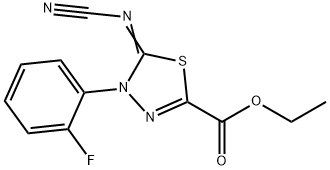 ETHYL 5-CYANAMIDE-4-(2-FLUOROPHENYL)-4,5-DIHYDRO-1,3,4-THIADIAZOLE-2-CARBOXYLATE, 148367-80-0, 结构式