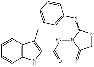 3-methyl-N-(4-oxo-2-phenylimino-thiazolidin-3-yl)-1H-indole-2-carboxam ide 结构式