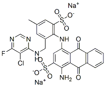 disodium 1-amino-4-(2-(5-chloro-6-fluoro-pyrimidin-4-ylamino-methyl)-4-methyl-6-sulfo-phenylamino)-9,10-dioxo-9,10-dihydro-anthracene-2-sulfonate 结构式