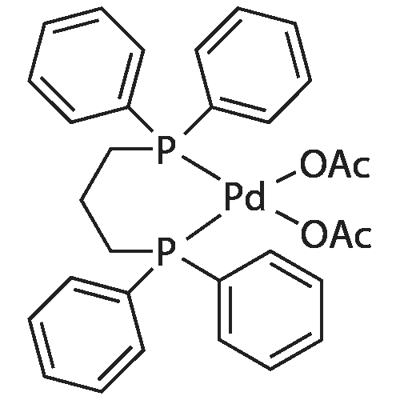 Diacetato  1,3-bis(diphenyl  phosphino)  propane  palladium  (II)  Coupling  reactions. Carbonylation. Solubility: S.  acetic  acid,  chloroform,  methanol  sl.s  acetone,  v.sl.s  toluene 化学構造式